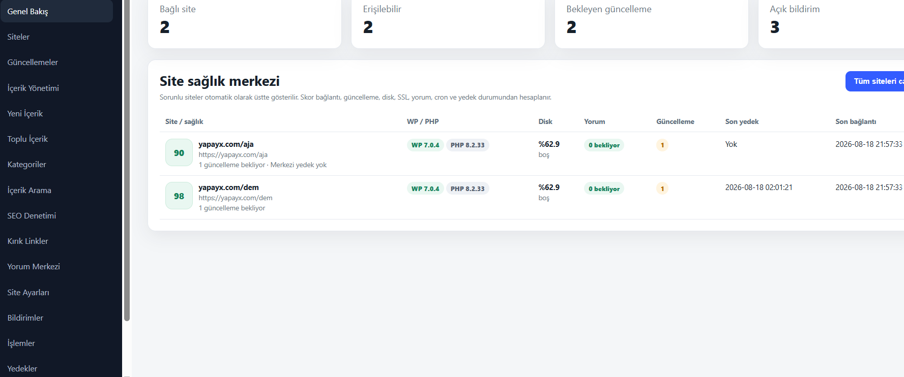Toplu Wordpress Yönetim PHP Script arayüz önizlemesi